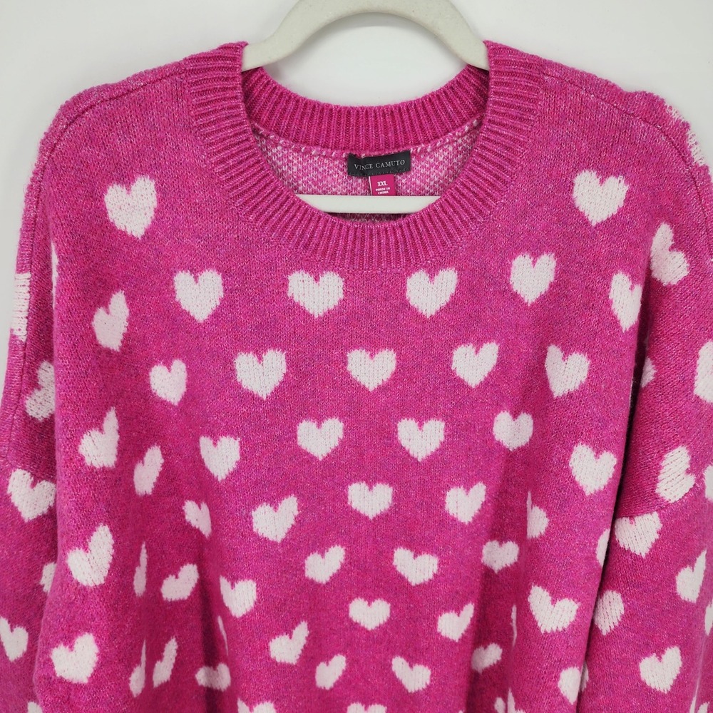 Vince Camuto Heart Print Pullover Sweater Womens XXL Pink Crew Neck Relaxed Fit - Picture 5 of 9